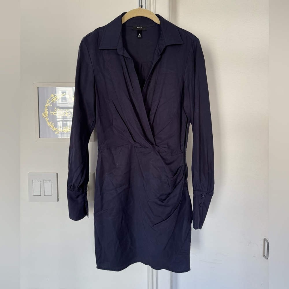 Aqua Navy Long Sleeve Wrap Dress